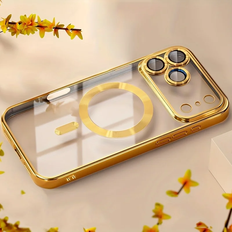 (iphone 16 Dorado) Funda Magnética Transparente Magsafe Para Teléfono, Protección De Lente, Funda Blanda Galvanizada