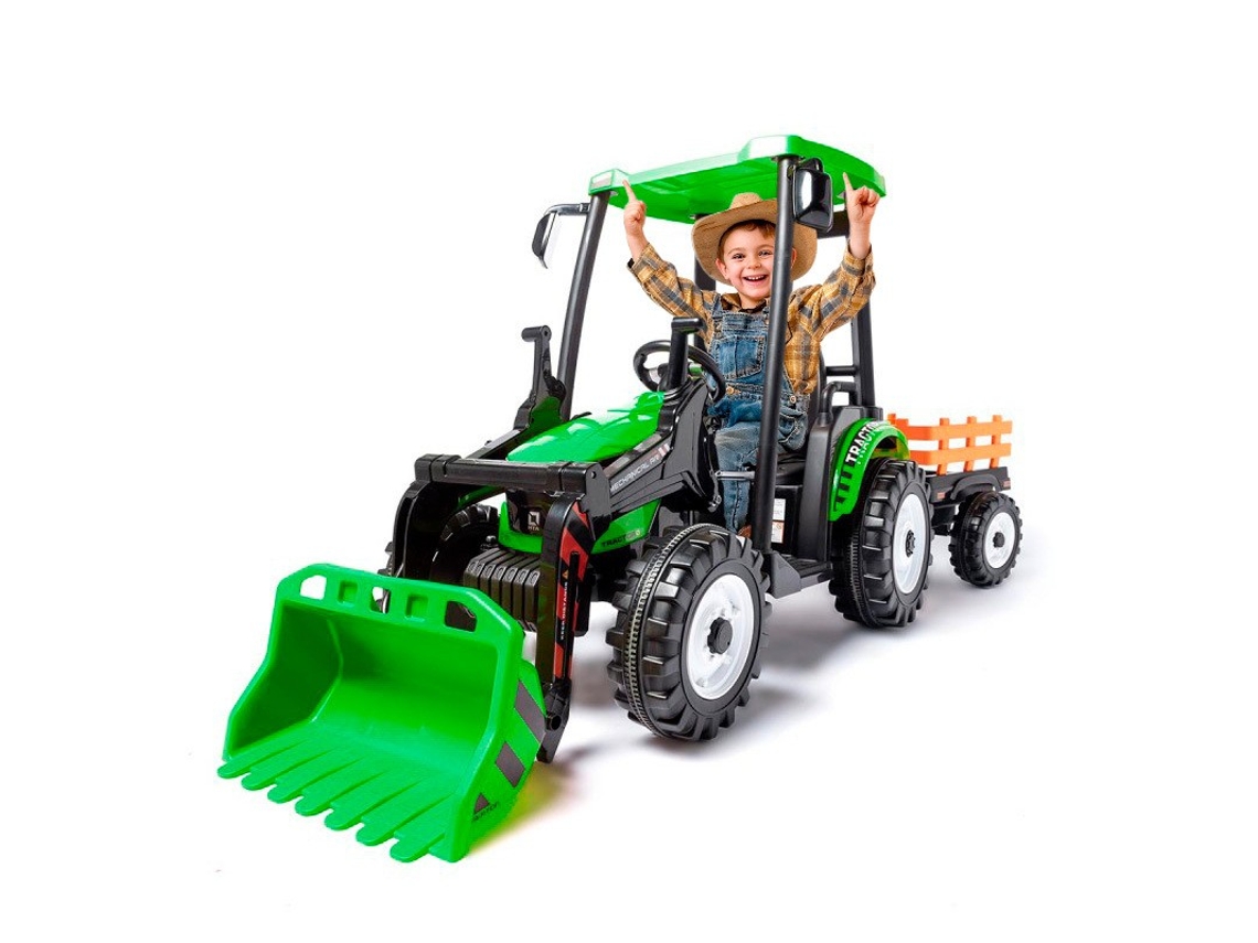 Tractor infantil a batería de 24 V con excavadora y remolque - Verde - Ataa