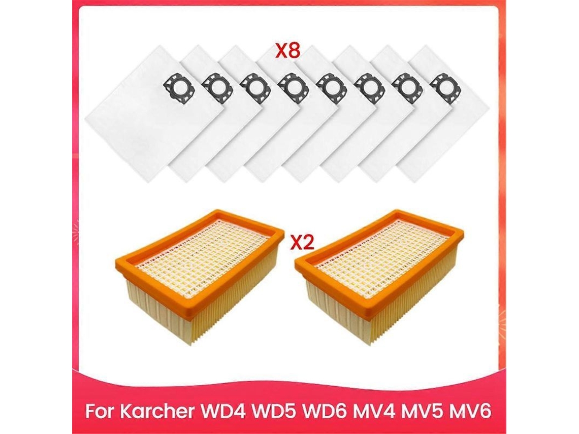 10 Bolsas Y Filtros Para Aspiradora Karcher Wd4, Wd5, Wd6, Mv4, Mv5, Mv6. Accesorios De Repuesto Como Se Muestra.