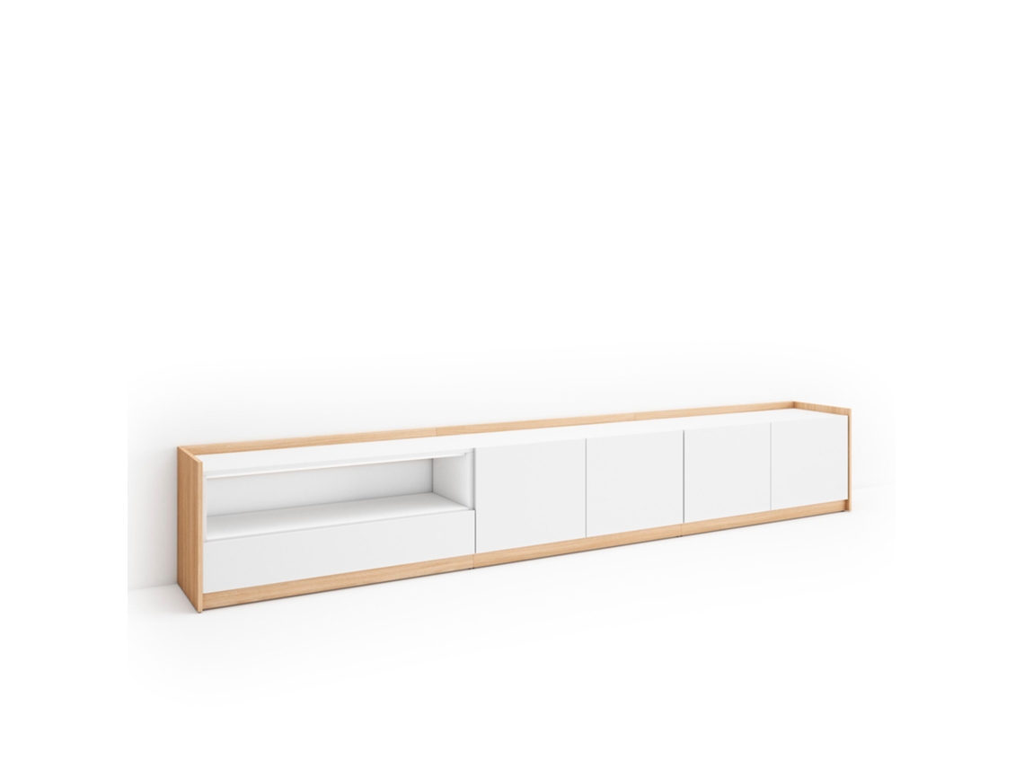 Mueble para TV, 310x37x50cm, para televisores de hasta 80'', color blanco y roble claro.