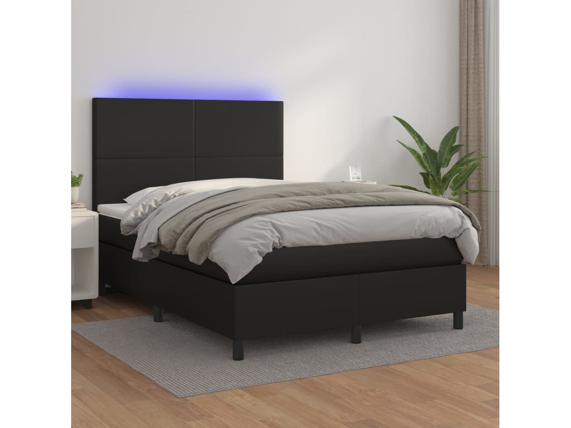 Cama Box Spring Colchón Y Led Cuero Sintético Negro 140x190 Cm