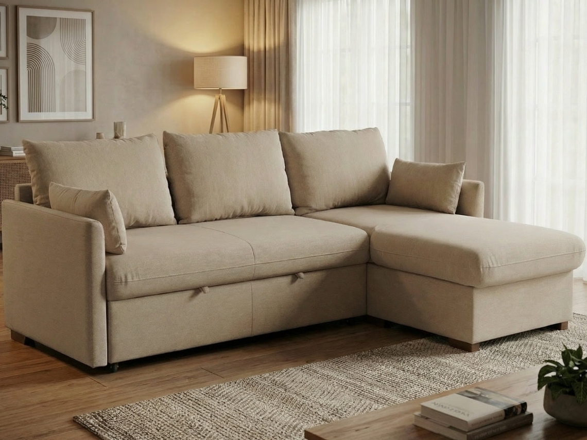 Sofá Cama 3 Plazas BUDWING Orlando Beige + Chaise c/ Almacenamiento Integrado (221 x 162 x 85 cm - Reversible Lado Derecho/Izquierdo)