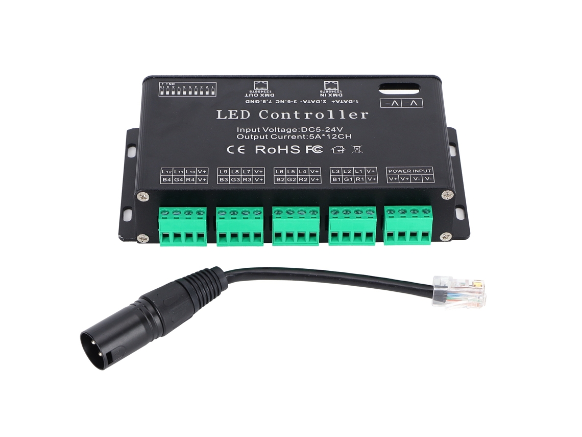 Controlador/decodificador Dmx512 De 12 Canales Para Tiras Led Rgb, Dc5-24v, Decodificador Pwm Con 256 Niveles De Gris.