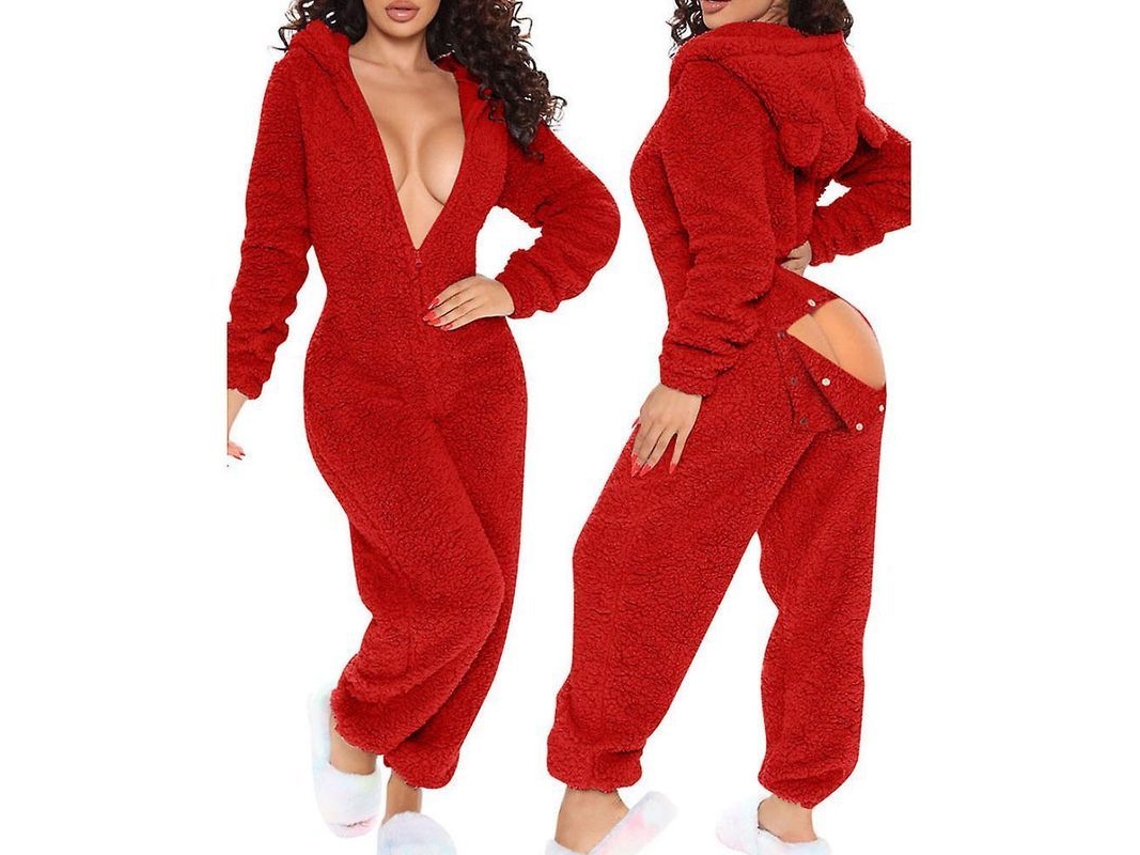 Pijama Entero Largo Abrasado Cálido De Algodón Con Cremallera Y Capucha Orejas De Gato L Rojo