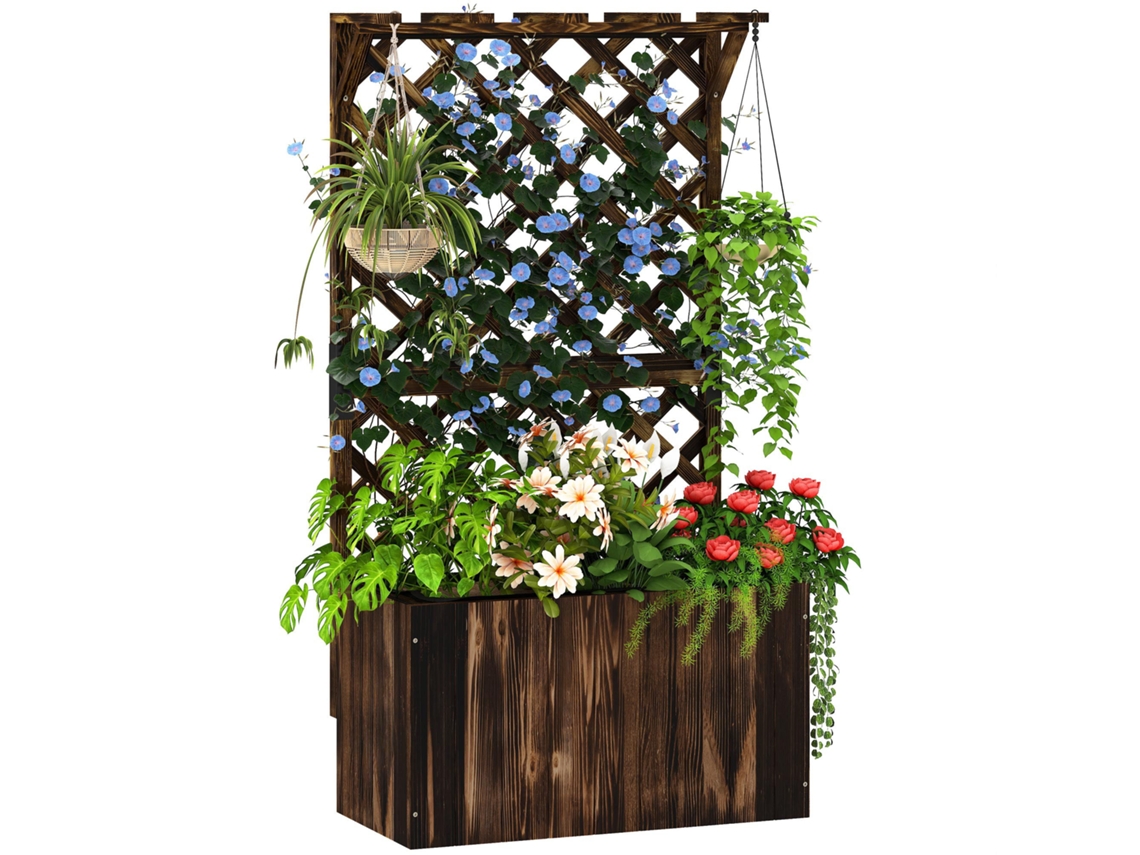 Macetero elevado con enrejado, macetero de madera, enrejado de jardín de 64 x 33 x 122 cm, carbonizado.