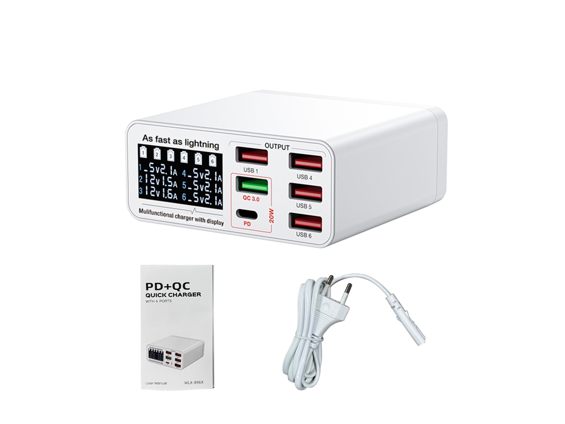 Cargador De Escritorio (pantalla Digital Inteligente De 6 Puertos, Voltaje Amplio 110-240v)