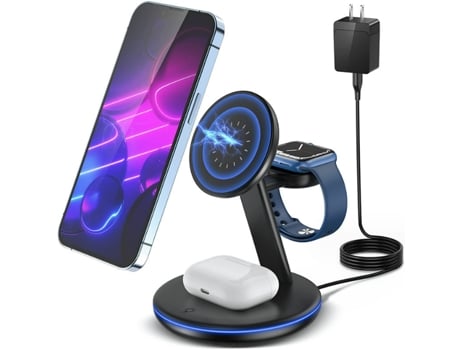 Estación de carga inalámbrica magnética para la serie Apple, soporte de cargador rápido Mag-Safe 3 en 1 de 15 W con adaptador QC3.0 (negro) CHRONUS...