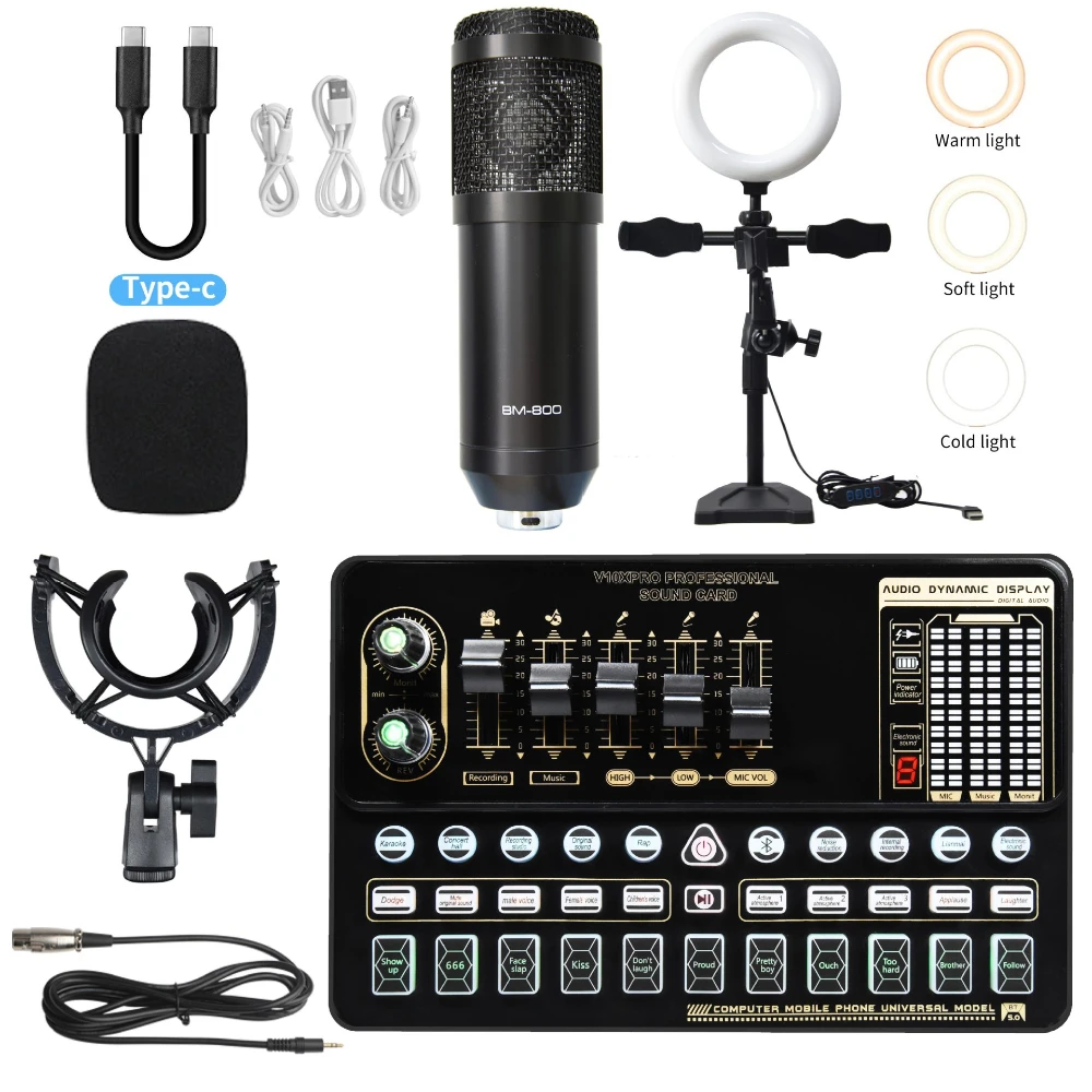 (negro) Kit De Microfone Bm800 V10 Con Interfaz De Som Ao Vivo Y Soporte De Braço Ajustável