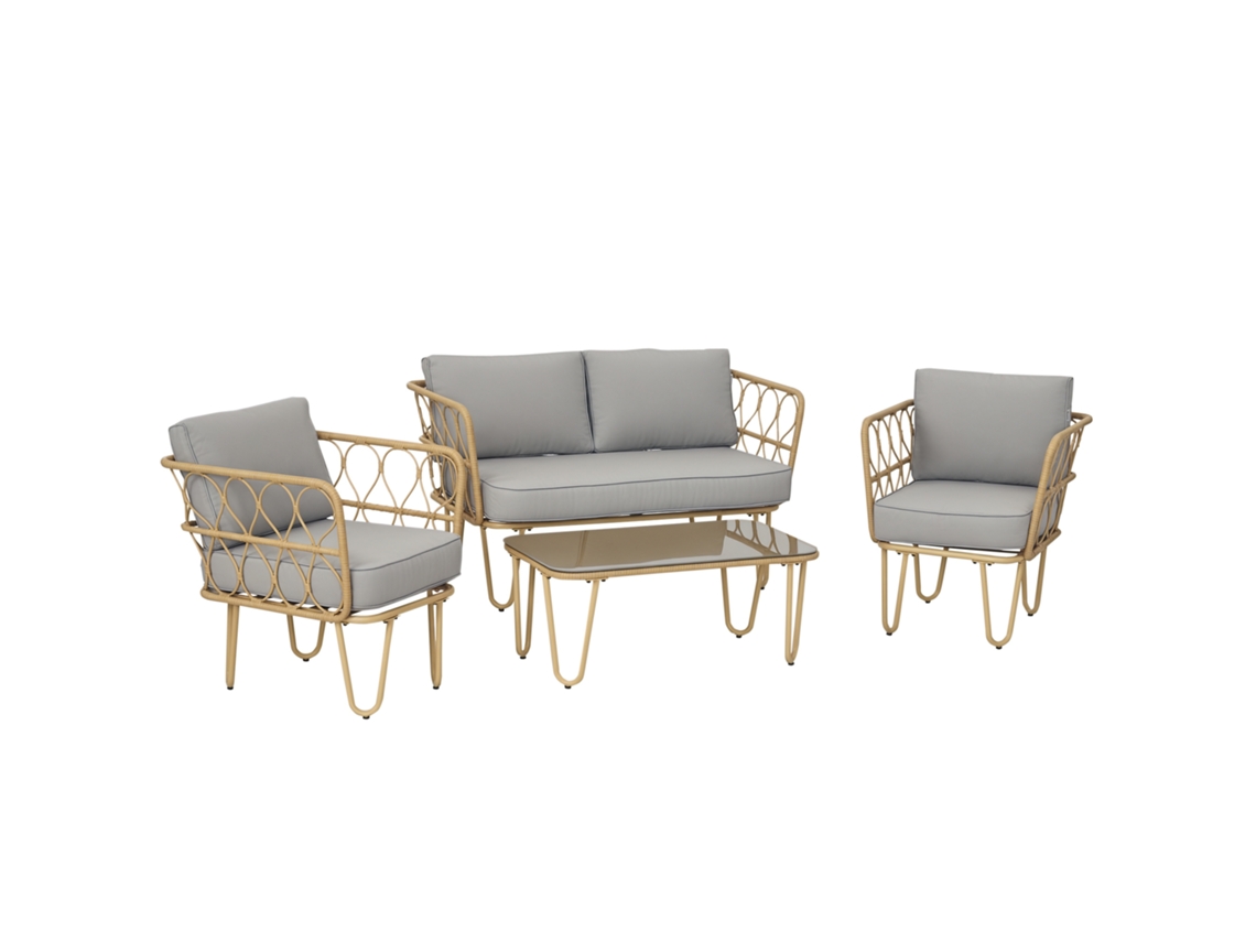 Conjunto De Jardín De Ratán: Sofá De 2 Plazas, 2 Sillones, Mesa De Cristal.