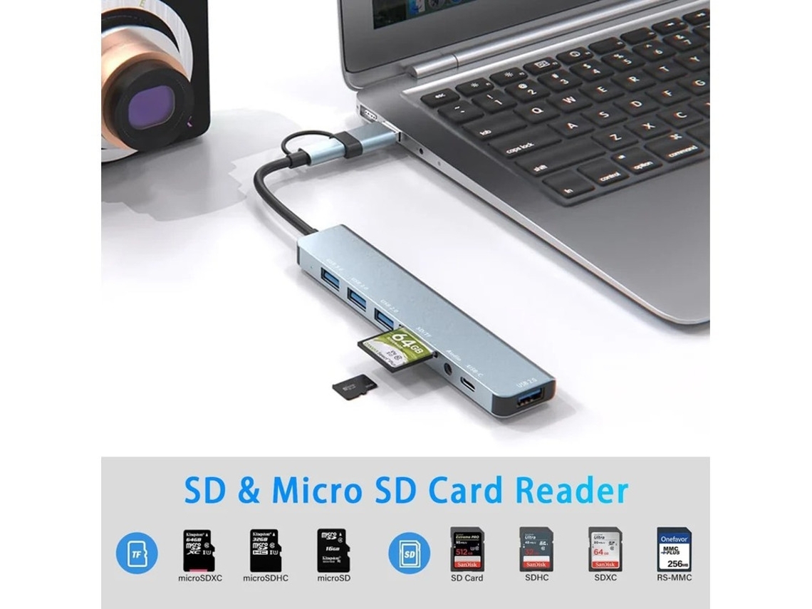 Adaptador USB C 8 en 1 Hub USB C Adaptador multipuerto con 4 puertos USB A Puertos de datos USB C Lector de tarjetas SD/TF Conector para auriculares Yizhood