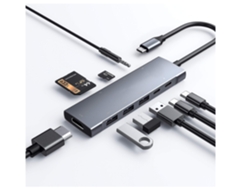 Concentrador USB-C 9 en 1 HDMI 4K, 100 W PD, 3 USB 3.0, lector de tarjetas SD/microSD, 3,5 mm gris Yizhood