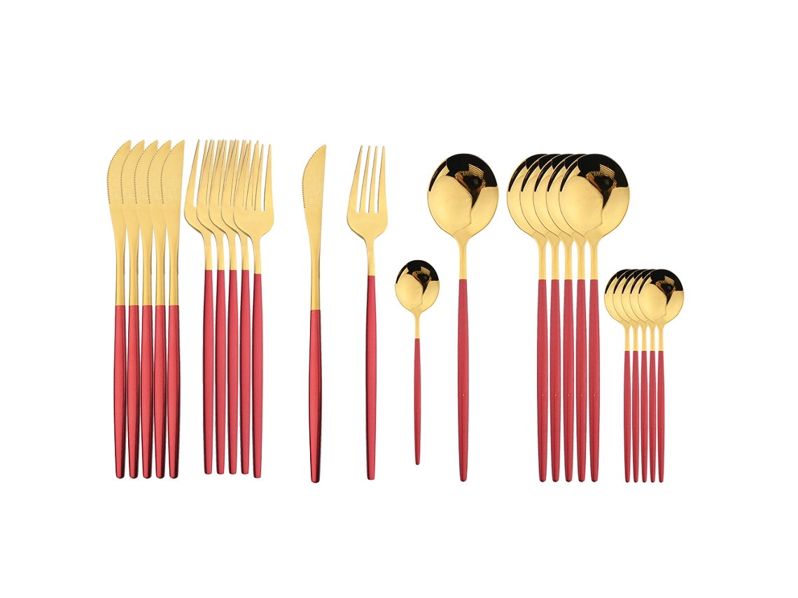 Juego de cubiertos de acero inoxidable de 24 piezas, que incluye cuchillo, cuchara y tenedor. MDUG (rojo y dorado)
