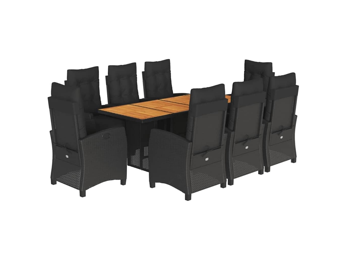 Juego de 9 piezas de comedor de jardín con cojines de mimbre, color negro, EXCLUSIVA DE LA CASA