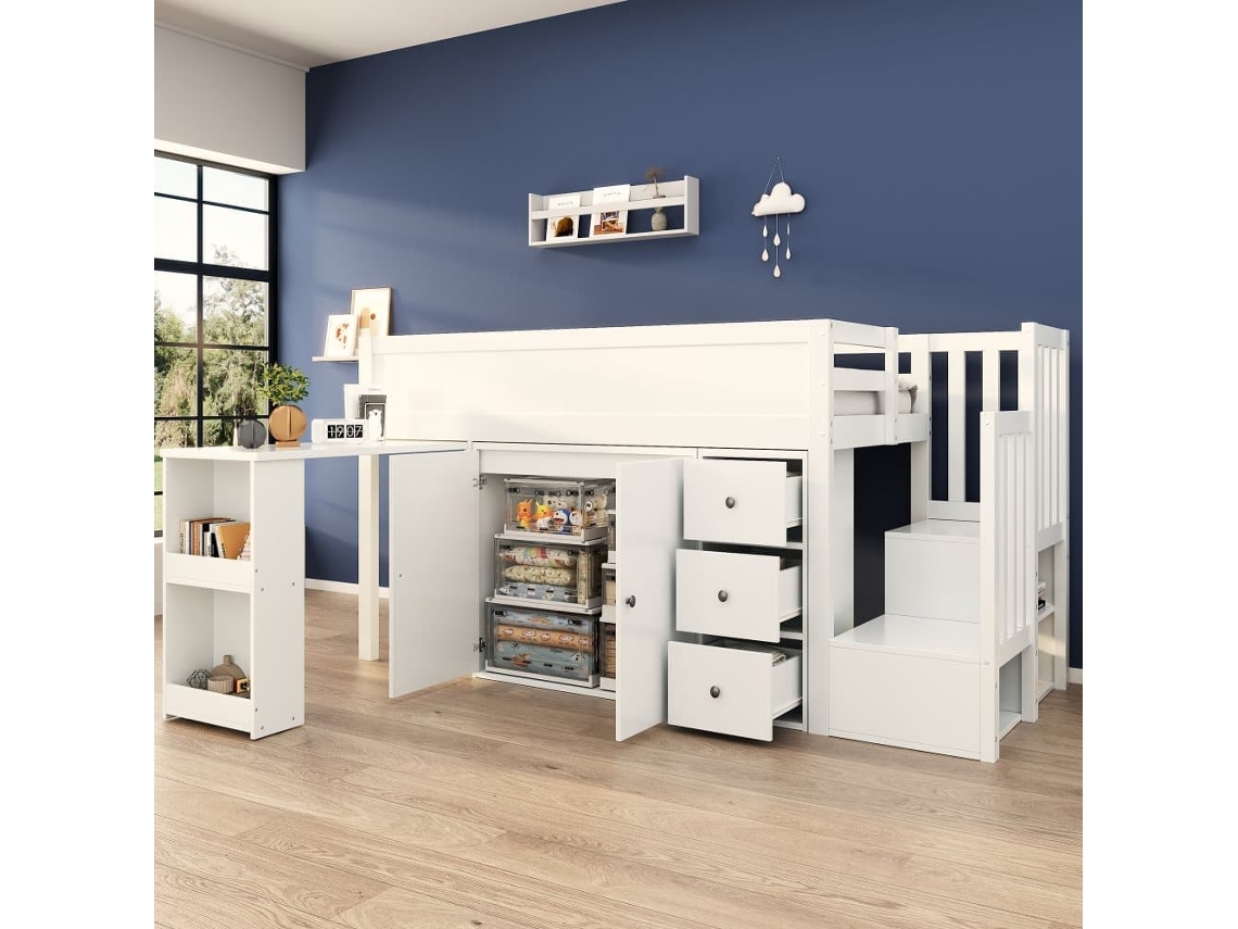 Cama Alta Infantil + 90*200 - Multifuncional, Escritorio Extensible, Estante Lateral, Armario, Cajón, Escalera Con Armario - Blanco