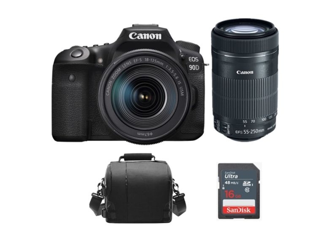Kit Cámara Réflex CANON 90D EF-S 18-135mm F3.5-5.6 IS USM + EF-S 55-250MM F4-5.6 IS STM +Bolsa + 16GB SD