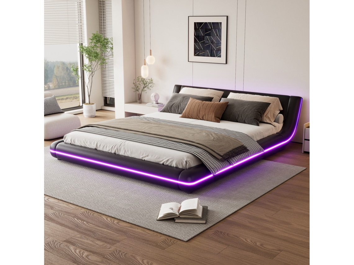 Cama Plana 160x200 Cm - Pu, Luz Led Ambiental - Negro