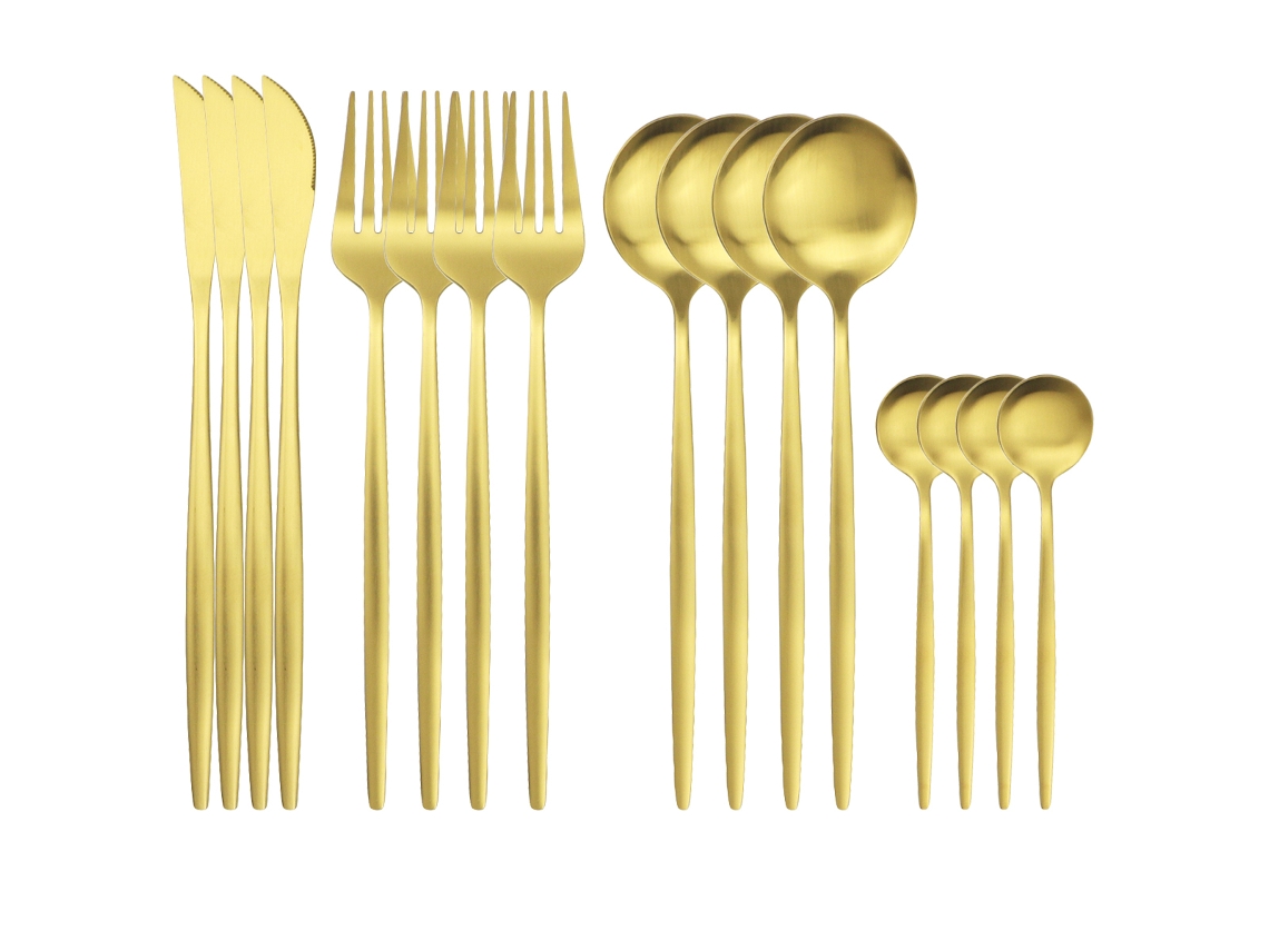 (oro) Juego De Cubiertos De Acero Inoxidable Y Vidrio De 16 Piezas, Que Incluye Cuchillo, Cuchara, Tenedor Y Servilleta.