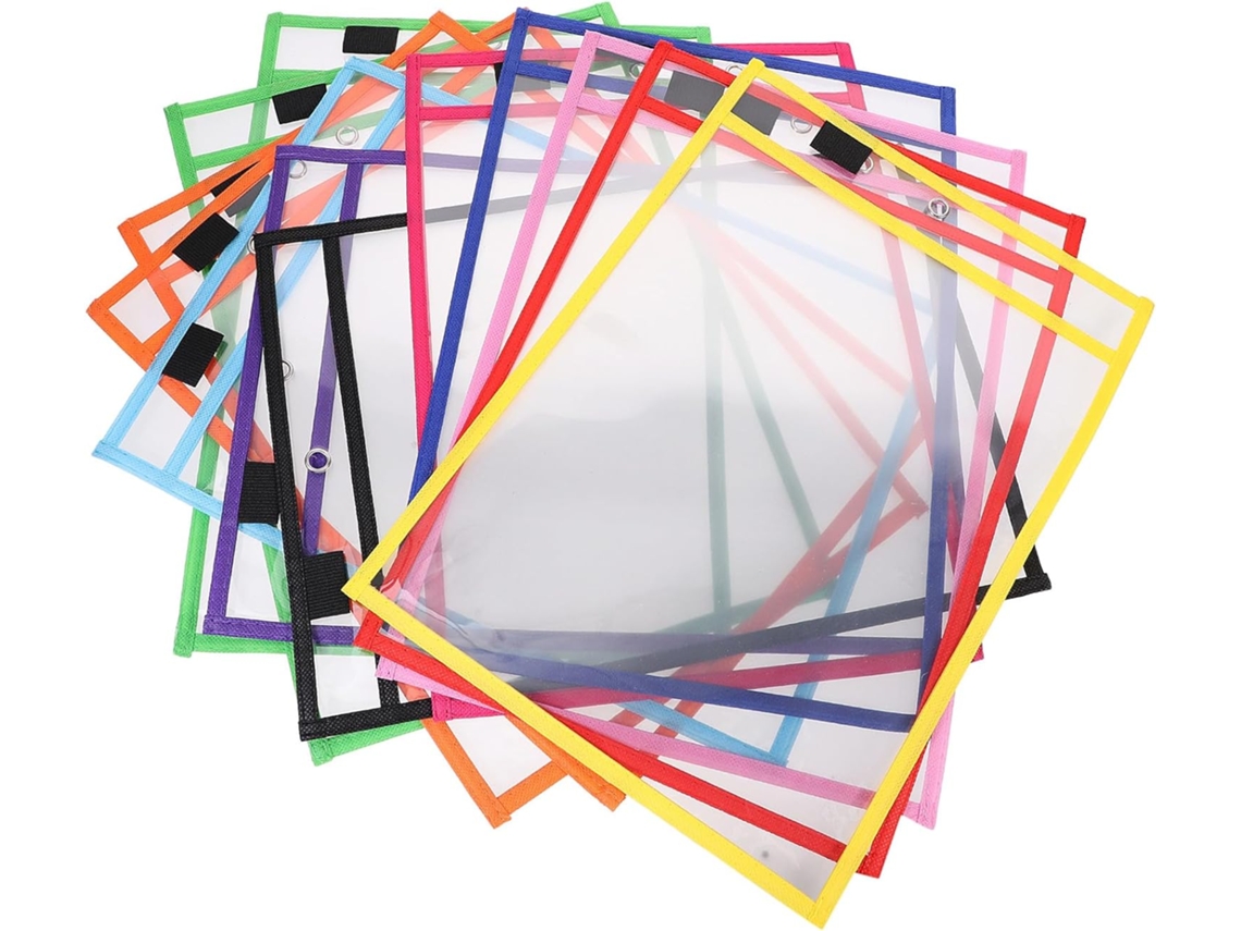 Paquete De 12 Fundas Reutilizables De Pvc Para Pizarra Blanca Con Portalápices Y Ojal Metálico.