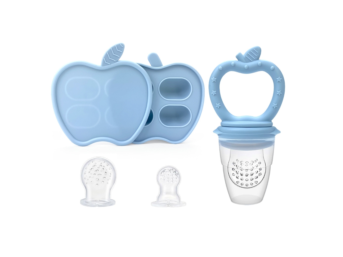 Mordedor manual de silicona antisucción con forma de fruta y zumo - Azul claro - Serie Manzana