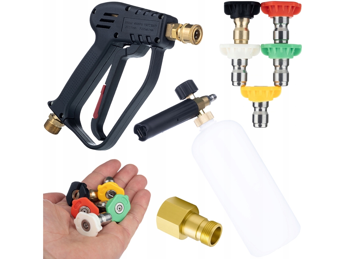 Juego de pistola de presión de 300 bares + 5 boquillas de 1/4'' + Adaptador Easy!lock M22 + Cañón de espuma de 1 litro y 200 bares