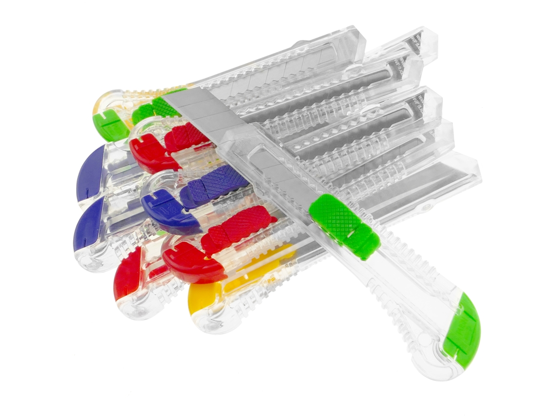 Cutter De Plastico Con Hoja De 18Mm. Incluye 12 Cortadores. PRIMEMATIK.COM