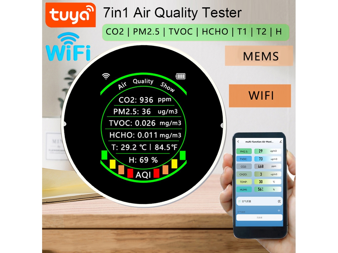 Medição De Qualidade Do Ar 7 Em 1 Tuya Wifi Pm2.5 Co2 Tvoc Hcho Aqi Termômetro Umidímetro Com Alarme