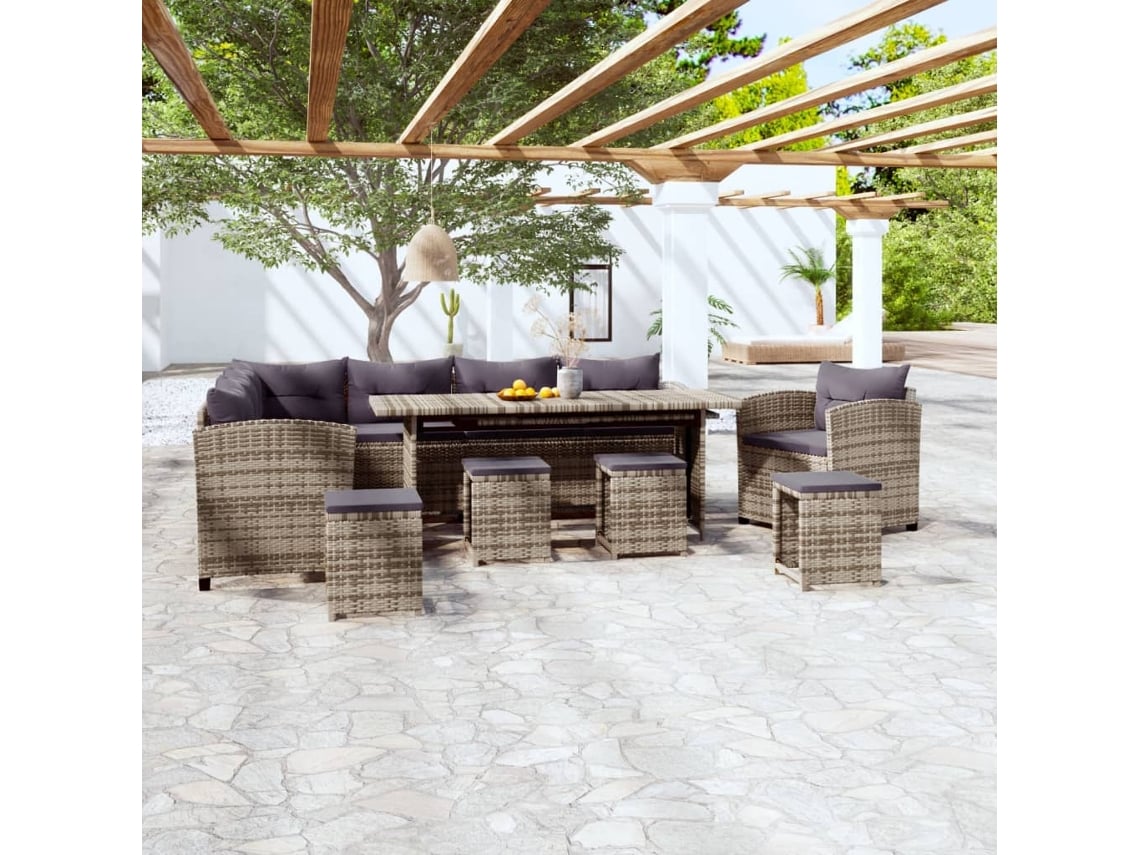 Conjunto de jardín de 7 piezas con cojines, ratán gris, DKD Home Decor