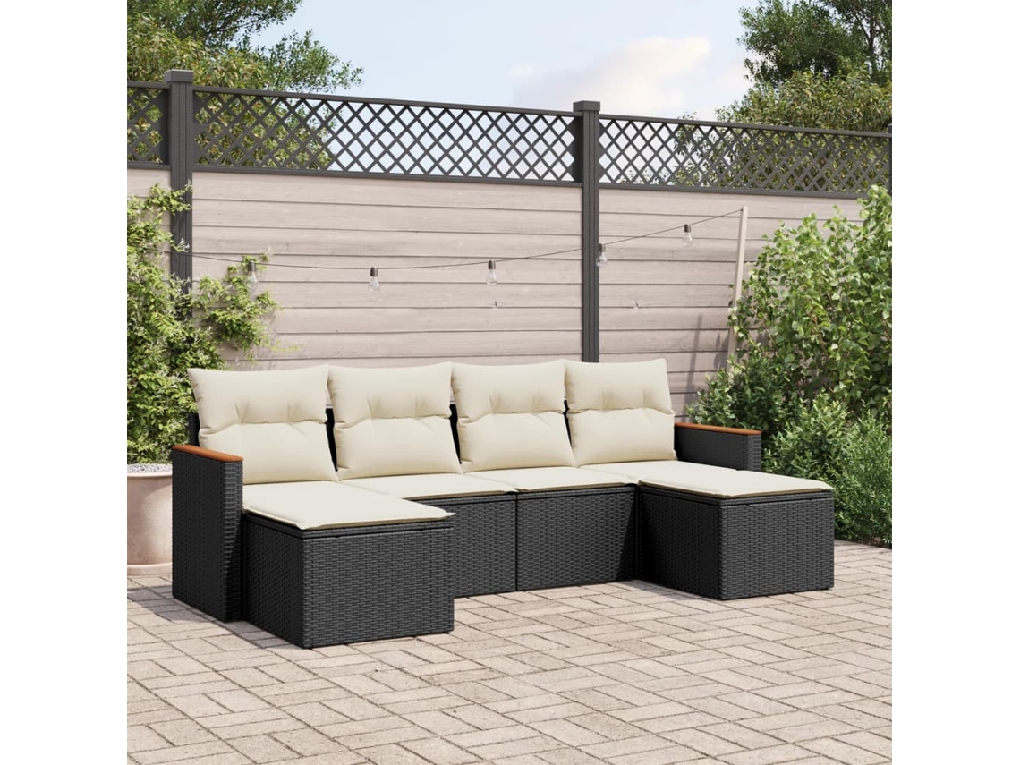 Conjunto de sofá de jardín de 6 piezas con cojines, mimbre sintético negro, DKD Home Decor