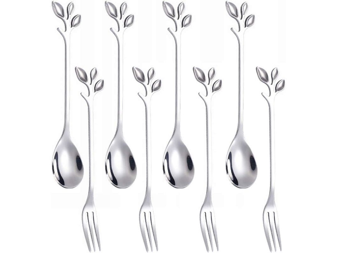 Cucharas y tenedores de café y postre Rebe-8 de acero inoxidable con mango pequeño en forma de hoja de 12 cm (plateado, 4+4)