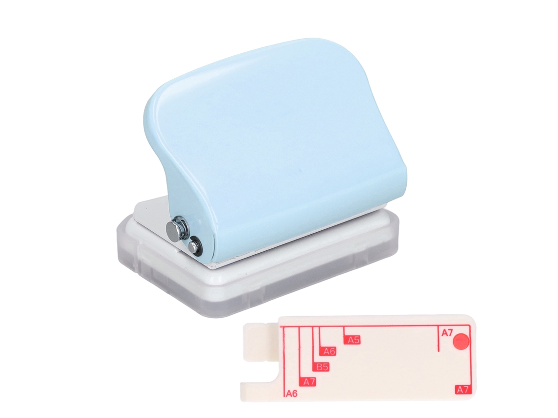 Perforadora de 3 agujeros con regla para posicionamiento rápido, cuerpo metálico azul claro para documentos