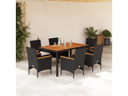 Juego de comedor de jardín de 7 piezas con cojines, mimbre de acacia negro, Dkd Home Decor