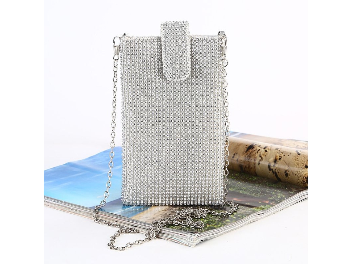 Bolso De Noche Para Mujer Con Brillantes Pedrería, Bolso De Mano Rectangular Plateado Con Cadena, De Diseñador.