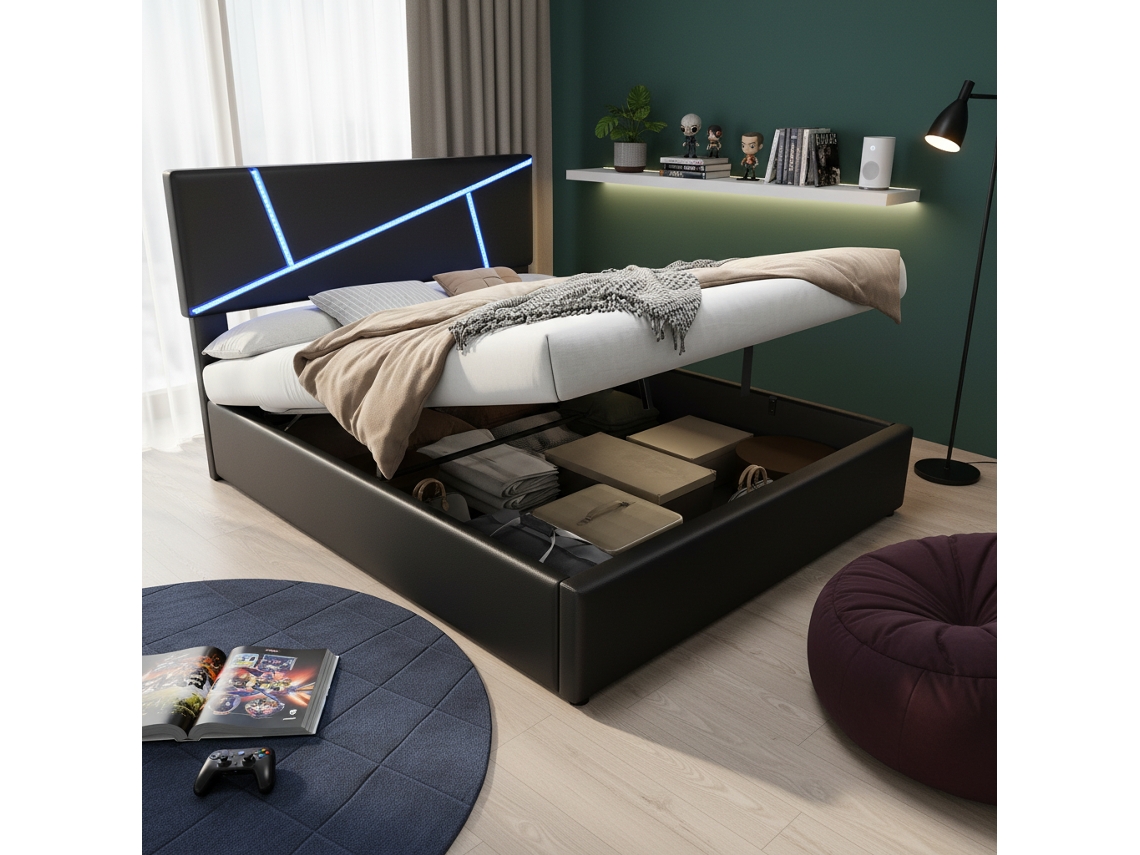 Cabecero Hidráulico Led Para Cama Individual Negra De 90x200