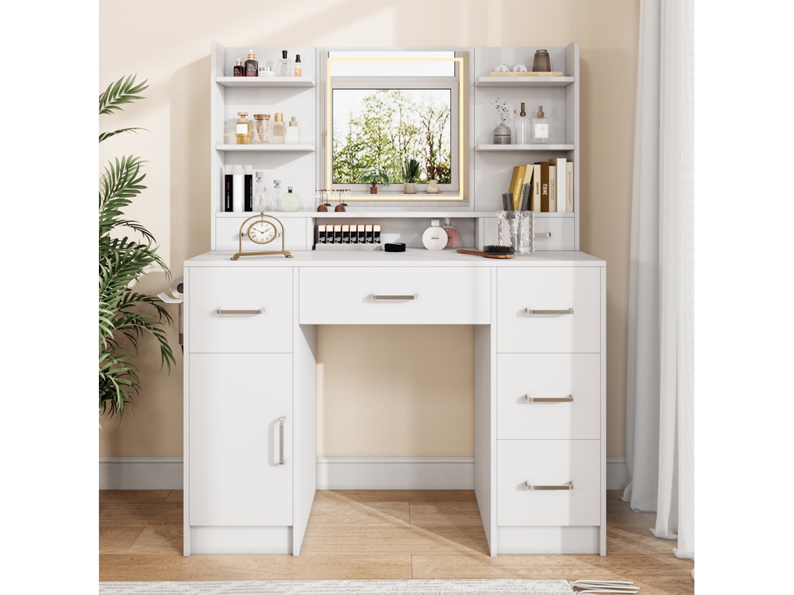 Tocador Con Espejo Led Regulable, 2 Cajones + 2 Puertas, Enchufe Europeo Y Soporte Para Secador De Pelo, 110 X 40 X 140 Cm, Blanco.