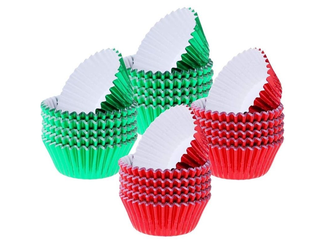 200 Envoltorios Para Cupcakes Navideños Decorados Con Papel De Aluminio Rojo Y Verde.