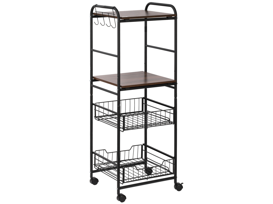 Carrito De Cocina De 4 Niveles Con Ruedas, 2 Cestas, Estantes Y Ganchos Laterales, 40 X 38 X 111 Cm, Nogal