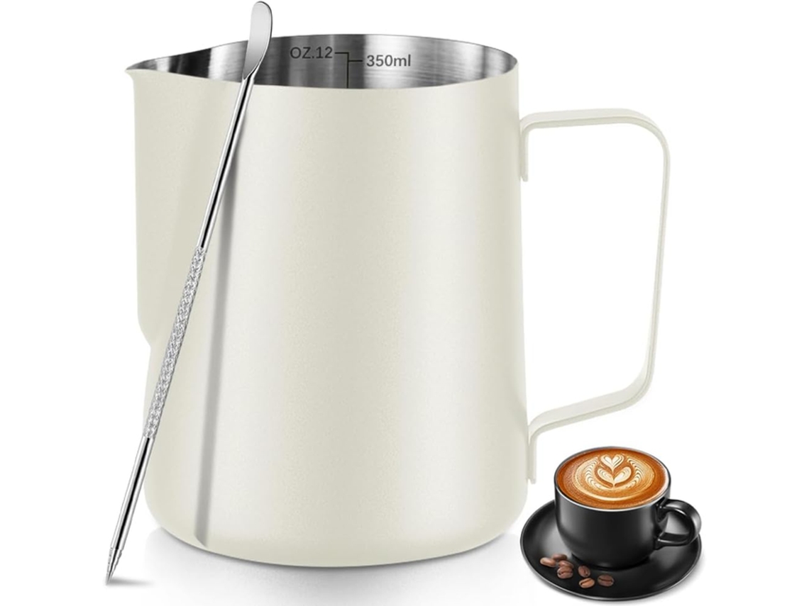 Jarra de leche para arte latte, acero inoxidable, vidrio espumoso, blanco roto Tommy01