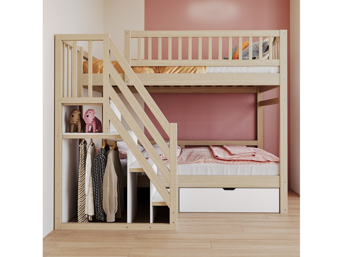 Litera de madera maciza de 90 x 200 cm con barandilla alta, somier de láminas, escalera con almacenaje, cajones, estilo natural