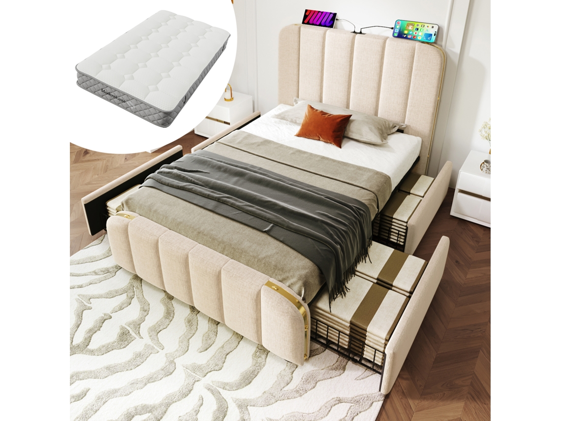 Cama Individual De 90x200 Cm, Color Beige Con Cabecero Dorado, 4 Cajones, Puerto Usb-c Y Colchón Incluido.