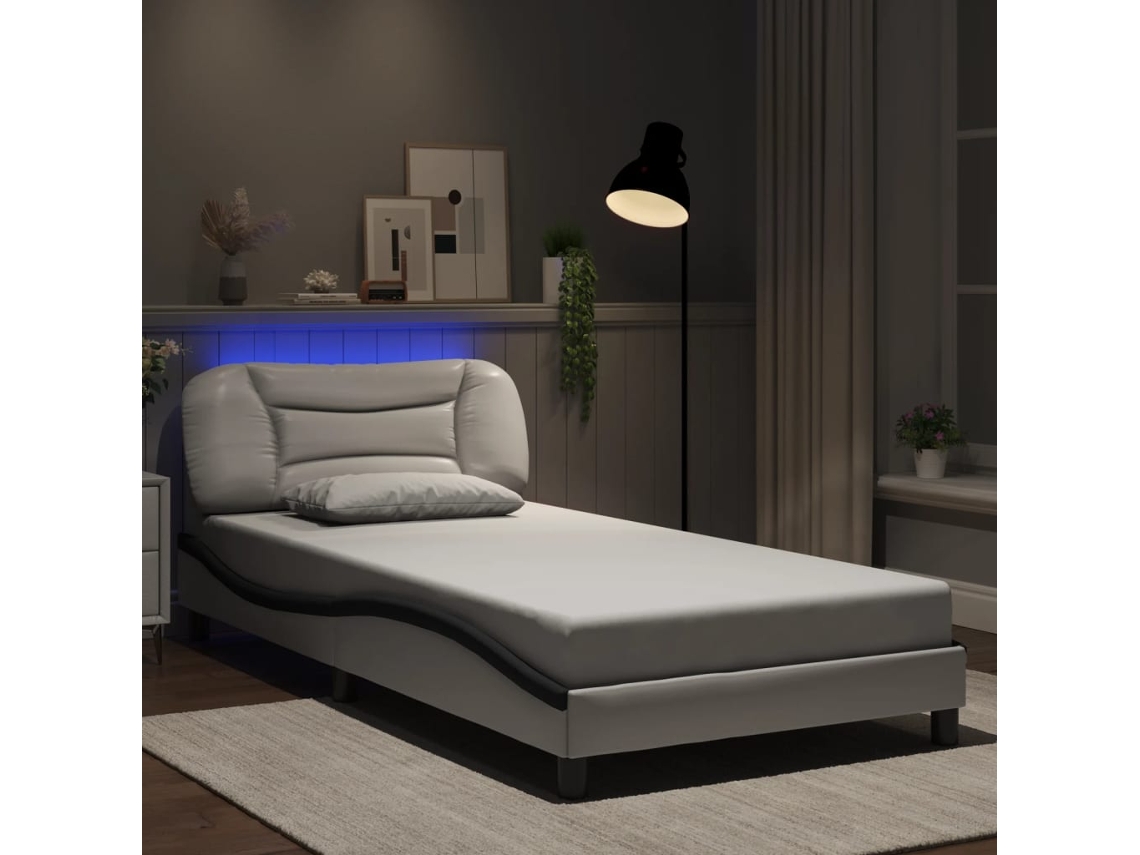 Estructura Cama Con Led Cuero Sintético Blanco Negro 100x200 Cm