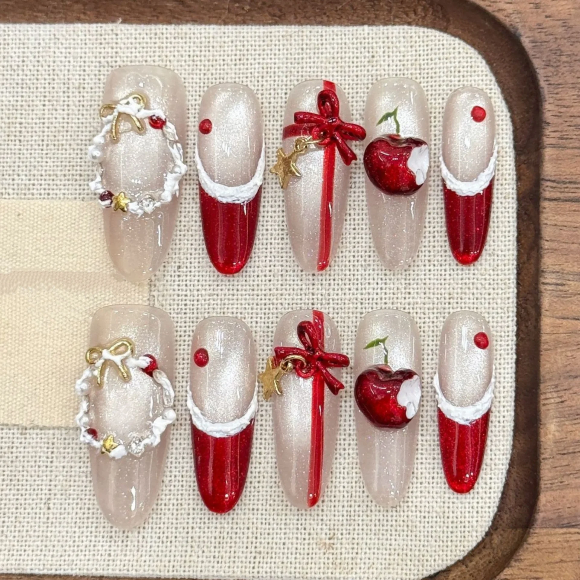 (3129-xs) 10 Pegatinas Rojas De Uñas Postizas Hechas A Mano Con Efecto Ojo De Gato - Decoración De Uñas A Presión