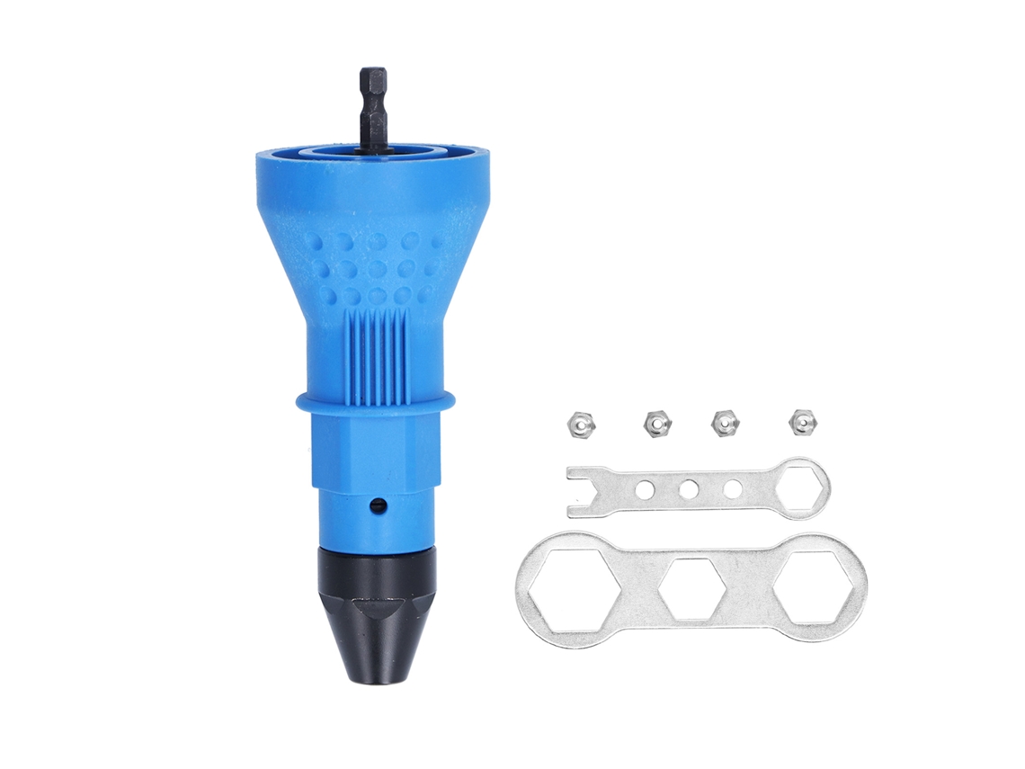 Adaptador ergonómico para taladro de tuercas remachables con llaves hexagonales y puntas.