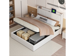 Cama De Matrimonio 160x200 Cm, Cama Tapizada Con Usb Tipo-c, Espacio De Almacenaje, Lino Beige, Colchón No Incluido.