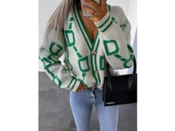 Cárdigan de mujer para invierno/otoño 2026, de punto, manga larga, cuello en V, corte holgado, cálido y grueso, estilo inglés informal, estampado verde.