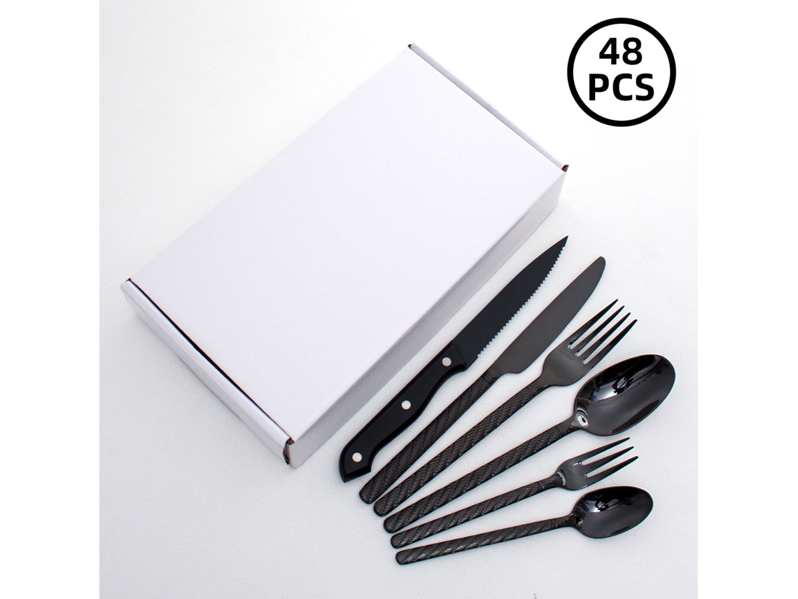 (juego De 48 Piezas - Negro) Juego De Cubiertos De Acero Inoxidable 304 (cuchillo, Tenedor, Cuchara)