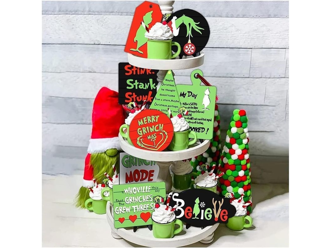 Juego De Decoración De Bandeja En Capas Del Grinch, 9 Piezas, Letrero Rústico De Madera, Navidad