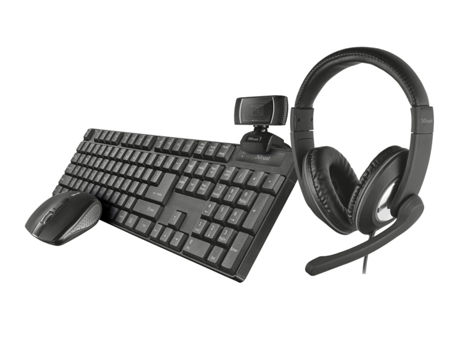 TRUST Pack de sobremesa 4 en 1 con teclado, ratón, auriculares y cámara Web Negro
