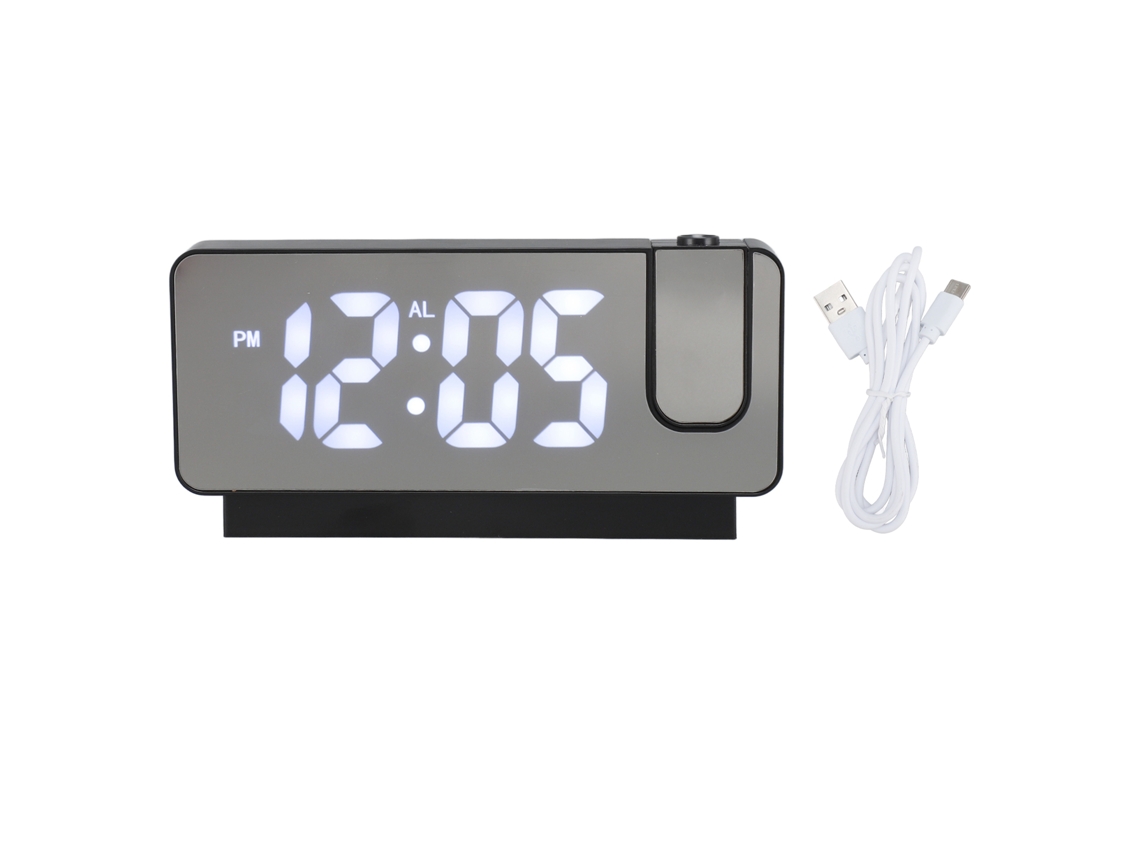 Reloj Despertador Proyección Recargable Usb Con Luz Blanca, Función Snooze, Brillo Ajustable Y Espejo Led, Carcasa Negra