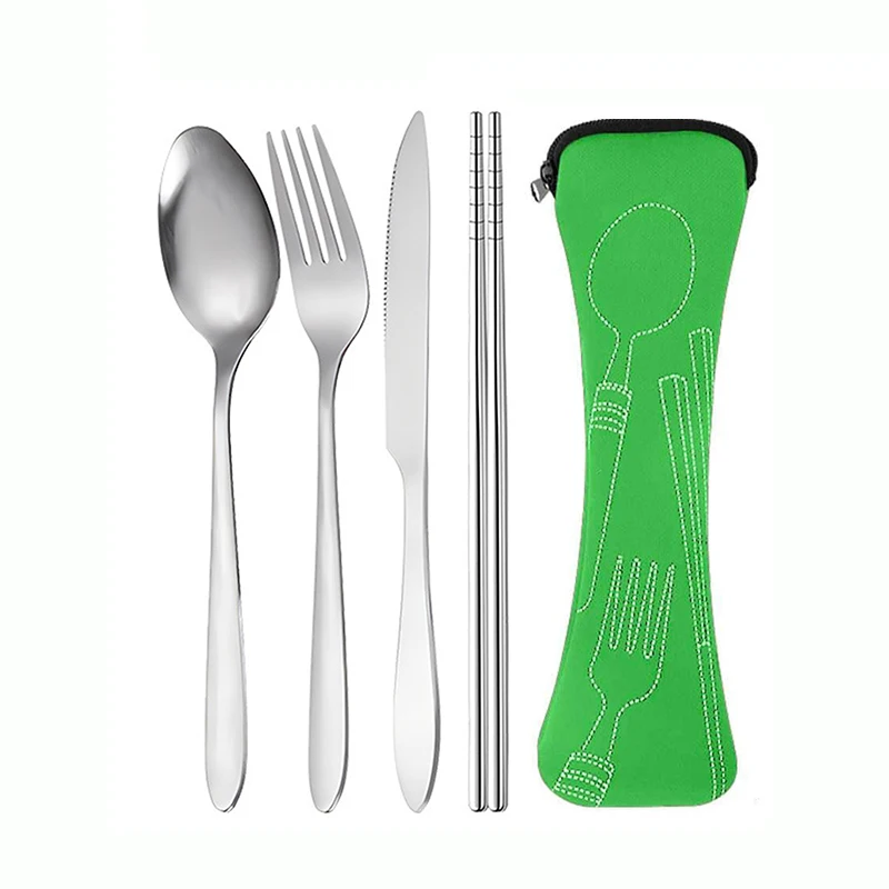 Juego de cubiertos de acero inoxidable, incluye cuchillo, tenedor, cuchara y palillos. MDUG (4 piezas, verde)