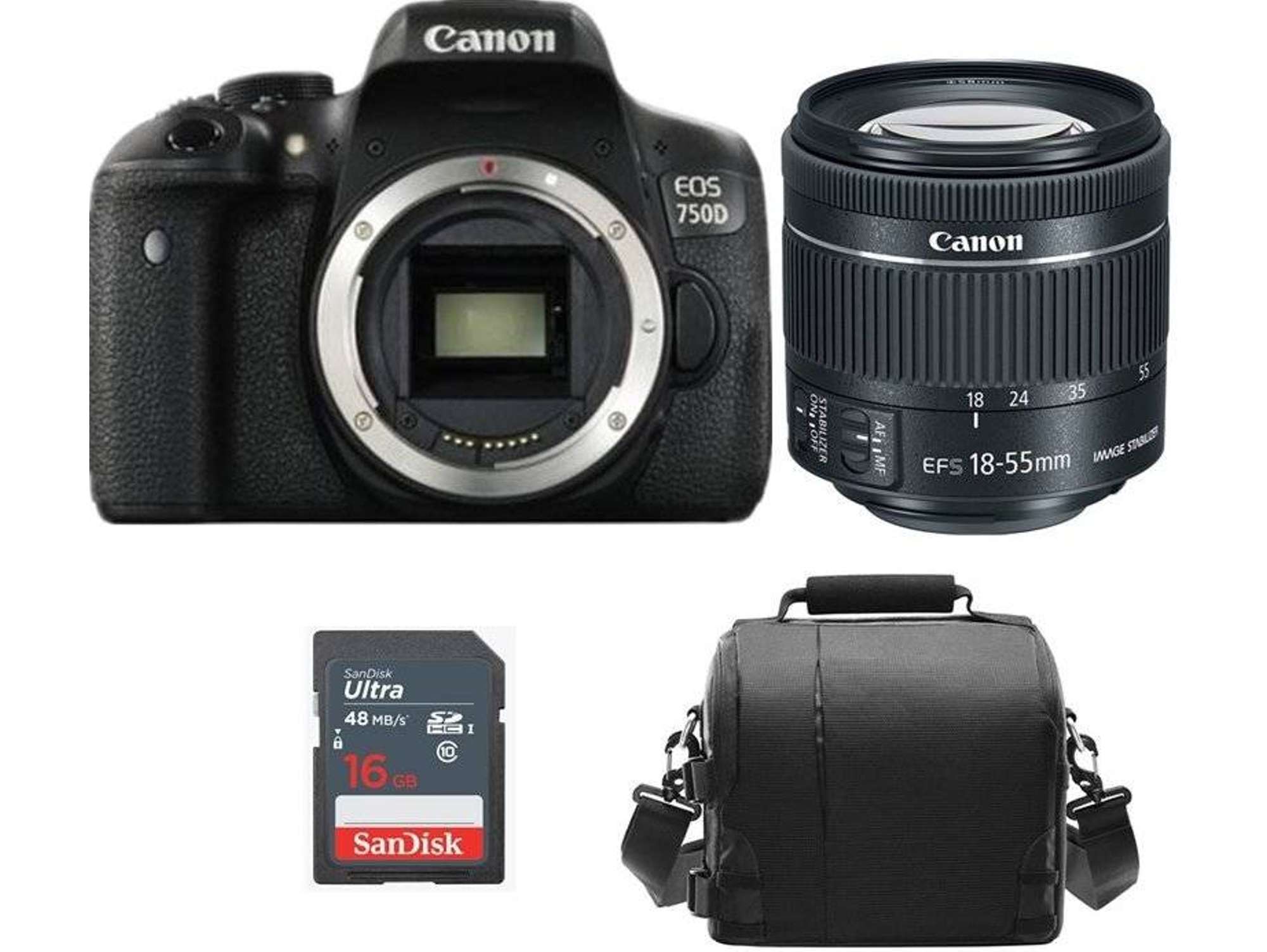 Kit Cámara Réflex CANON EOS 750D + EF-S 18-55mm F4-5.6 IS STM + Bolsa + 16GB SD
